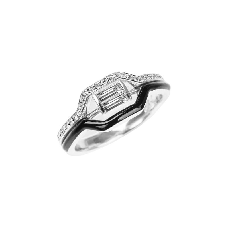 White gold band ring with white diamonds and black enamel